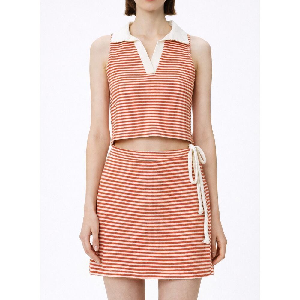KIRIOUS Orange White Nautical Striped Knit Crop Top Skirt Set Small